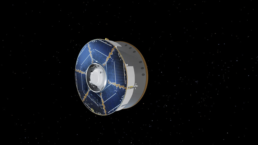 Illustration of the Mars 2020 spacecraft, encapsulated in its protective aeroshell