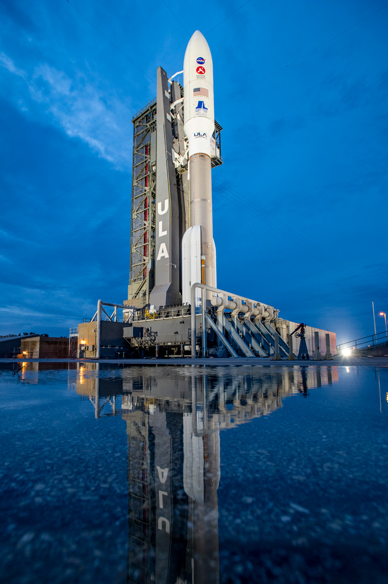 The rocket that will carry Perseverance rover to Mars sit on Space Launch Complex 41 at Cape Canaveral at sunset.