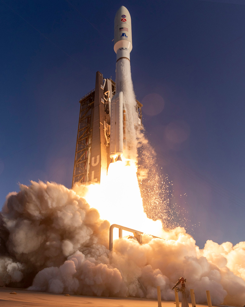 The rocket carrying the Mars 2020 mission with the Perseverance rover lifts off from KSC