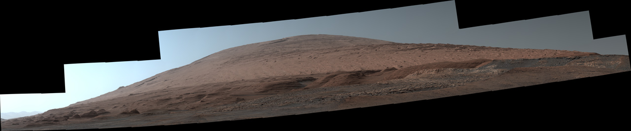The Mast Camera, or Mastcam, on NASA's Curiosity Mars rover used its telephoto lens to capture Mount Sharp in the morning illumination on Oct. 13, 2019, the 2,555th Martian day, or sol, of the mission. The panorama is composed of 44 individual images stitched together.