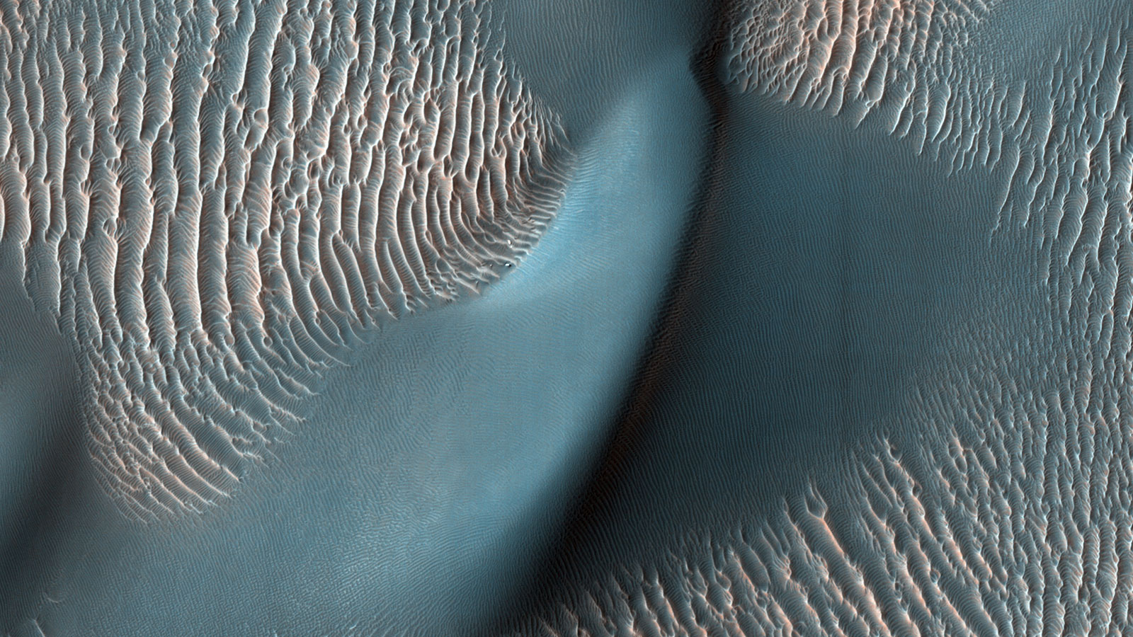 sand ripples and a large dune on Mars