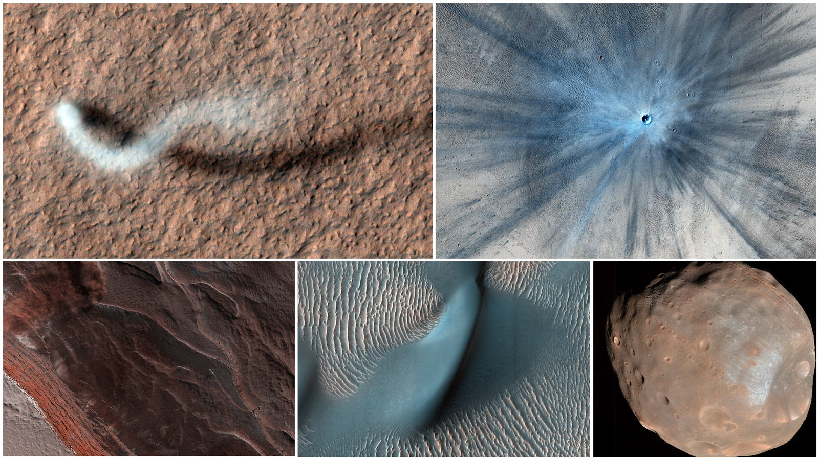 Five images taken by the HiRISE camera aboard NASA's Mars Reconnaissance Orbiter