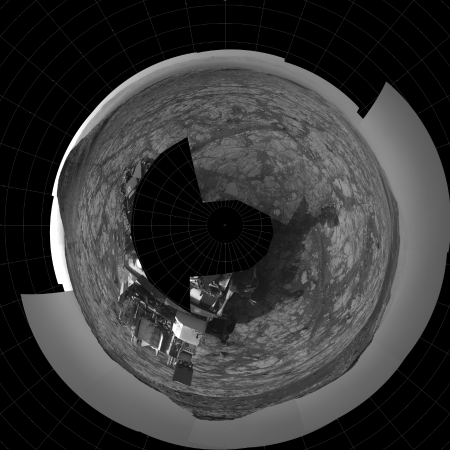 NASA's Mars rover Curiosity took 24 images in Gale Crater using its mast-mounted Right Navigation Camera (Navcam) to create this mosaic. The seam-corrected mosaic provides a polar stereographic projection panorama of the Martian surface with 0 degrees azimuth (measured clockwise from north) at the top of the image. Curiosity took the images on May 01, 2020, Sols 2749-2747 of the Mars Science Laboratory mission at drive 2008, site number 79. The local mean solar time for the image exposures was from 3 PM to 12 PM. Each Navcam image has a 45-degree field of view. CREDIT: NASA/JPL-Caltech