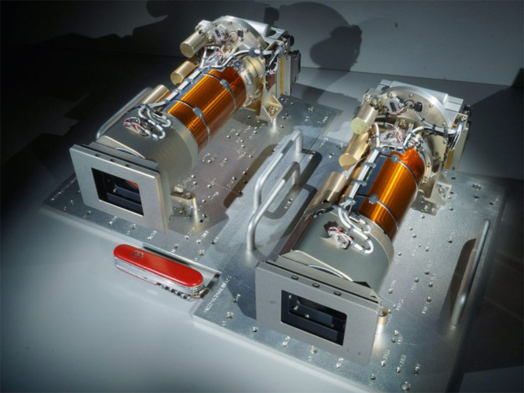 Twin Mastcam-Z cameras, shown with a pocket knife for scale