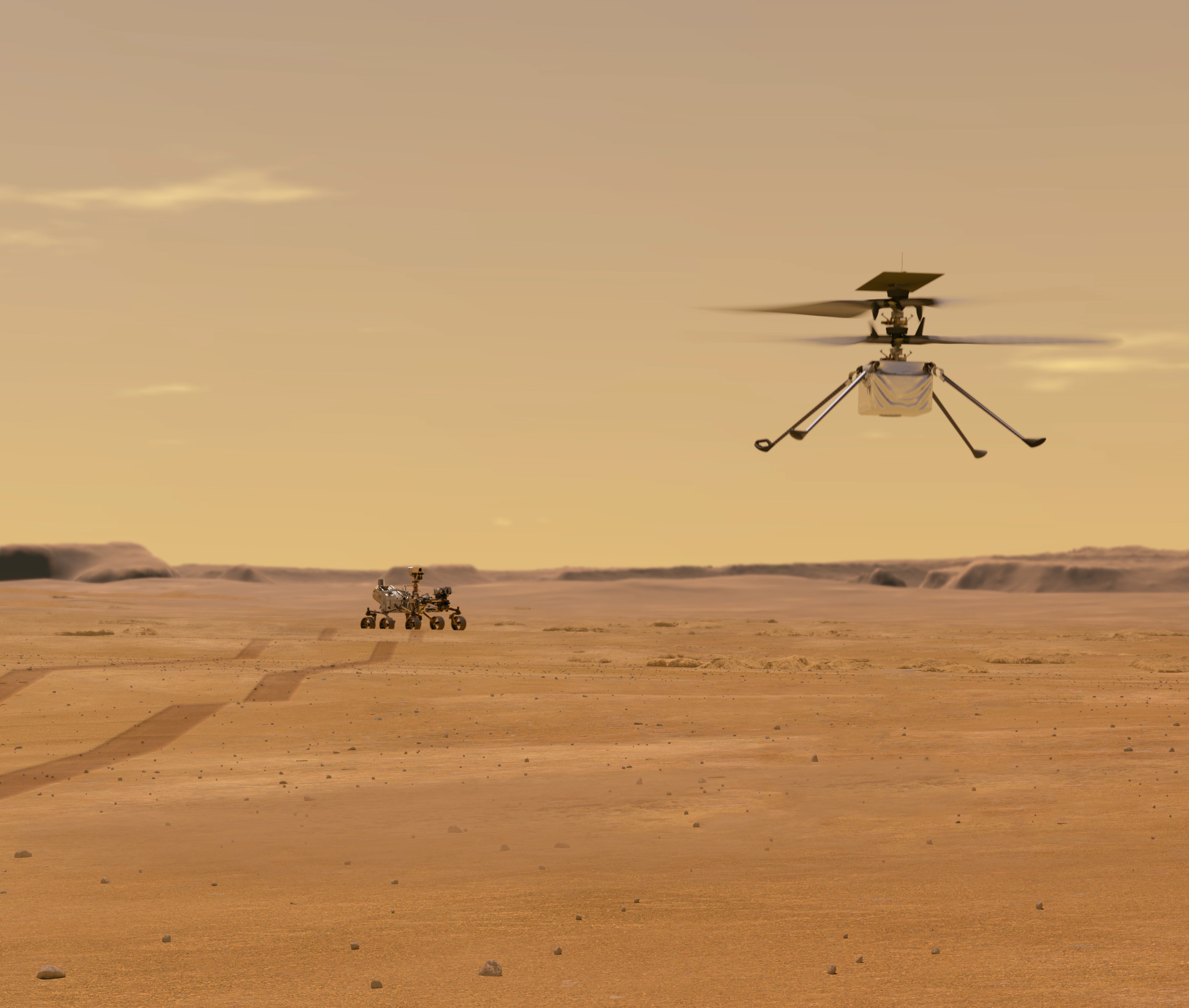 llustration of Mars Helicopter in flight over a flat Martian landscape, with the Perseverance rover in the distant background.