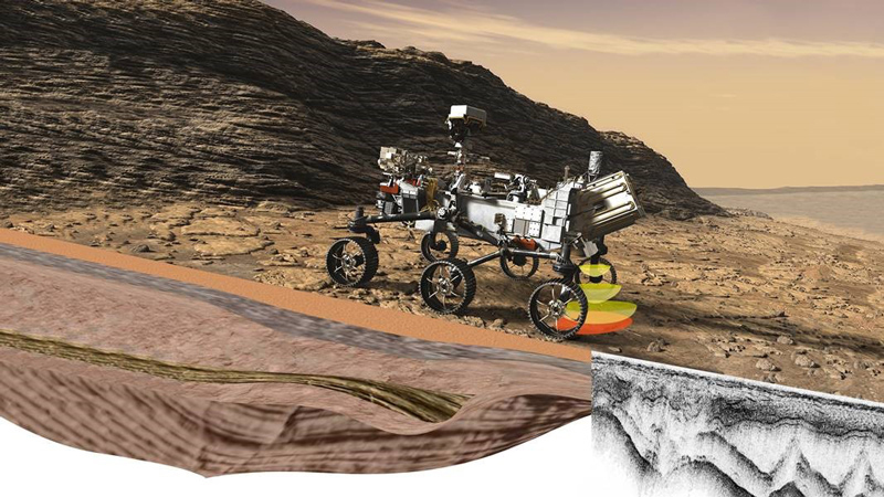 Illustration of Perseverance's Radar Imager for Mars' Subsurface Experiment using radar waves to probe the ground