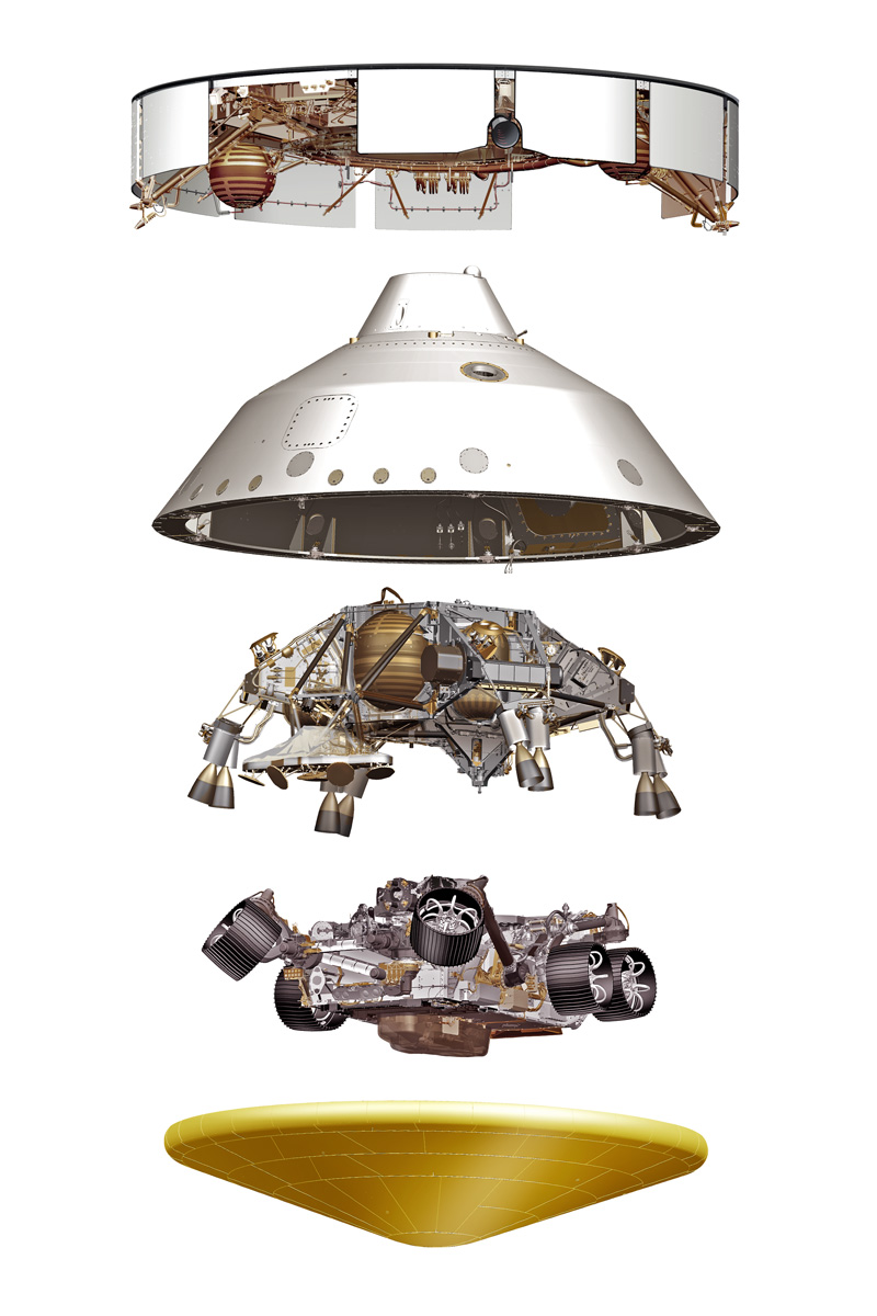 3D rendering of major Mars 2020 spacecraft parts in expanded view: cruise stage, backshell, descent stage, rover, heat shield