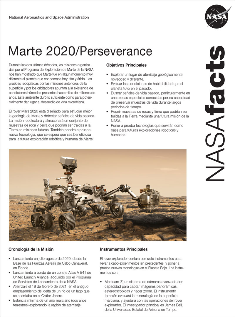 Mars 2020 Perseverance Fact Sheet (Spanish) NASA Science