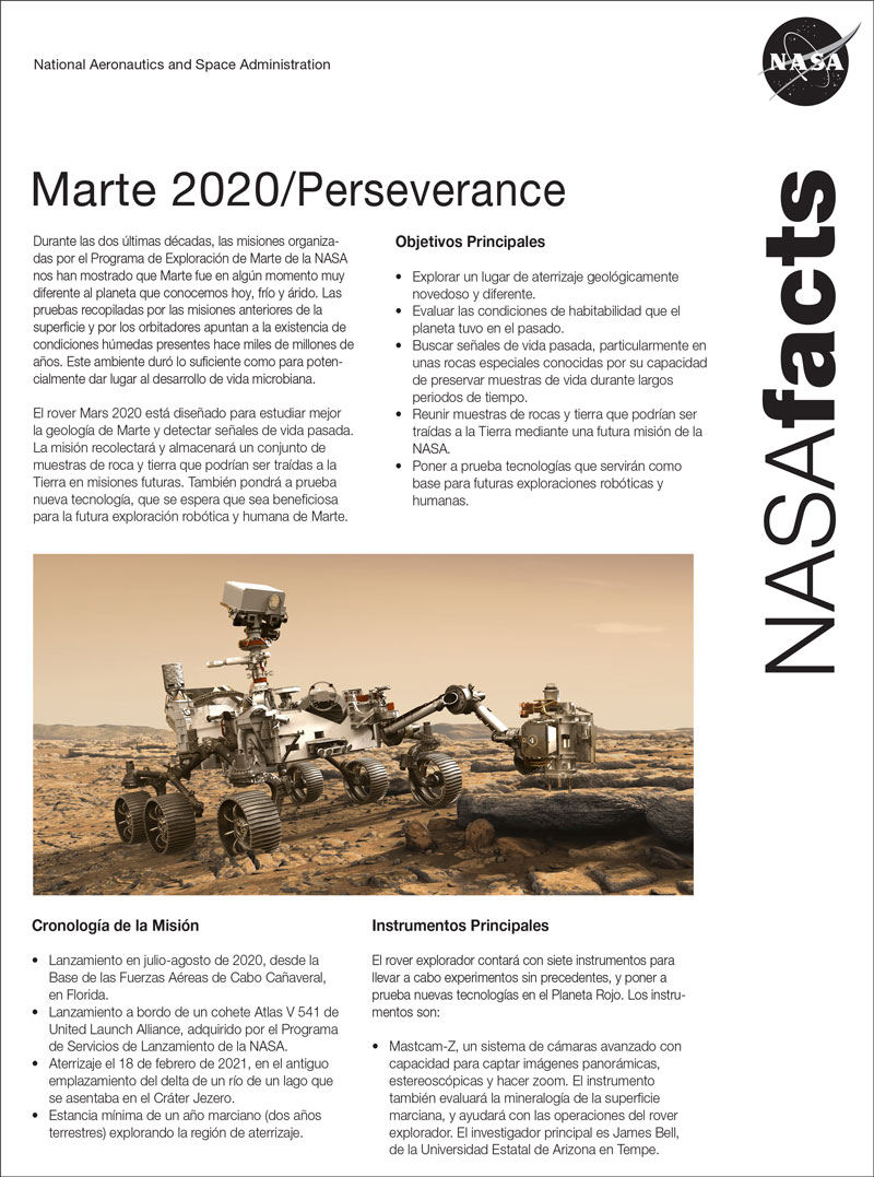 Download a PDF of the Mars 2020 Perseverance Fact Sheet in Spanish.