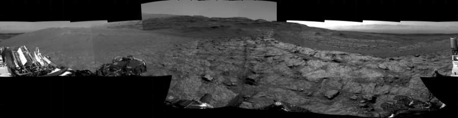 NASA's Mars rover Curiosity took 20 images in Gale Crater using its mast-mounted Right Navigation Camera (Navcam) to create this mosaic. The seam-corrected mosaic provides a 360-degree cylindrical projection panorama of the Martian surface centered at 180 degrees azimuth (measured clockwise from north). Curiosity took the images on November 18, 2020, Sols 2945-2943 of the Mars Science Laboratory mission at drive 1974, site number 83. The local mean solar time for the image exposures was from 4 PM to 12 PM. Each Navcam image has a 45 degree field of view. CREDIT: NASA/JPL-Caltech