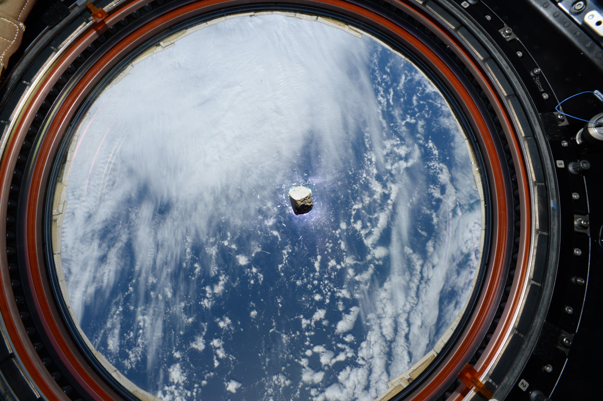 A fragment of a Martian meteorite seen floating inside the International Space Station