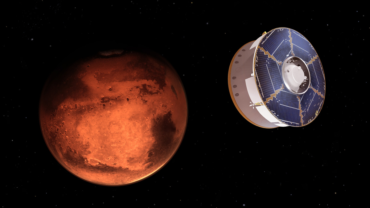 This illustration shows NASA’s Mars 2020 spacecraft carrying the Perseverance rover as it approaches Mars. 