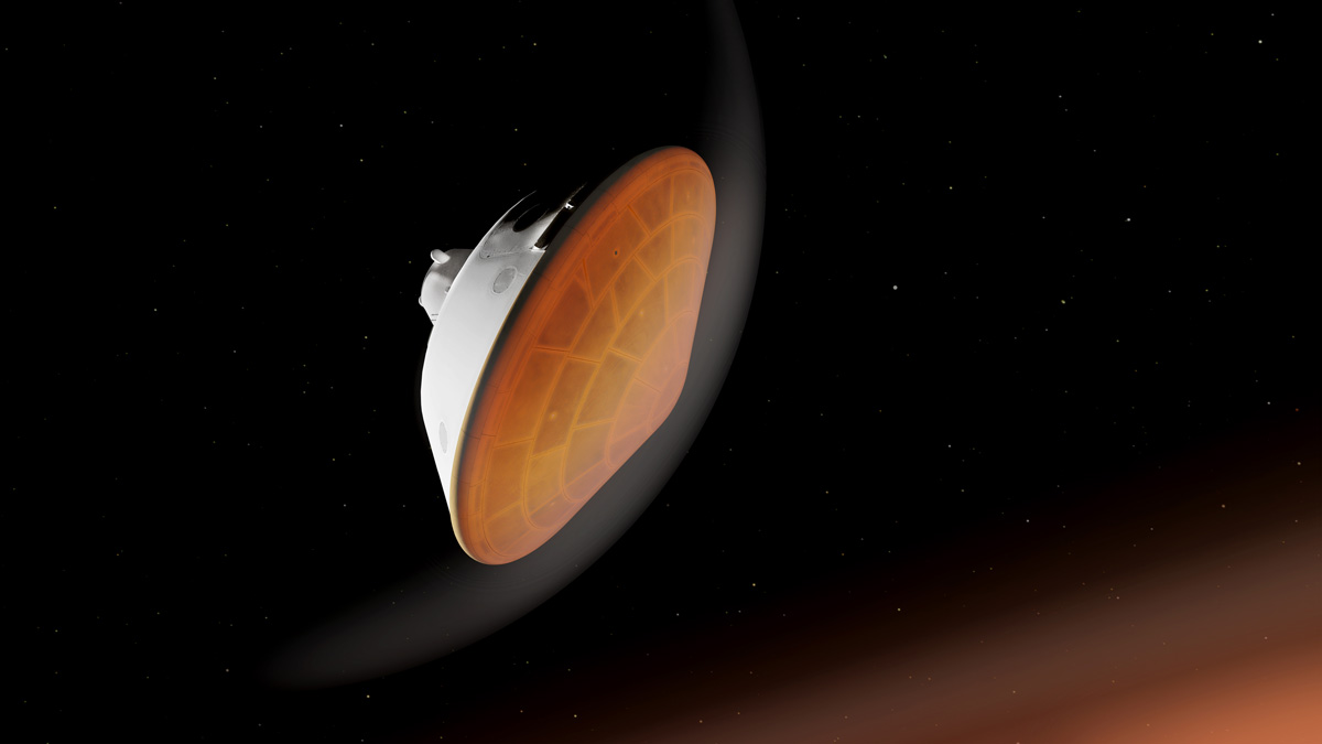 Illustration of NASA's Perseverance heat shield facing the planet