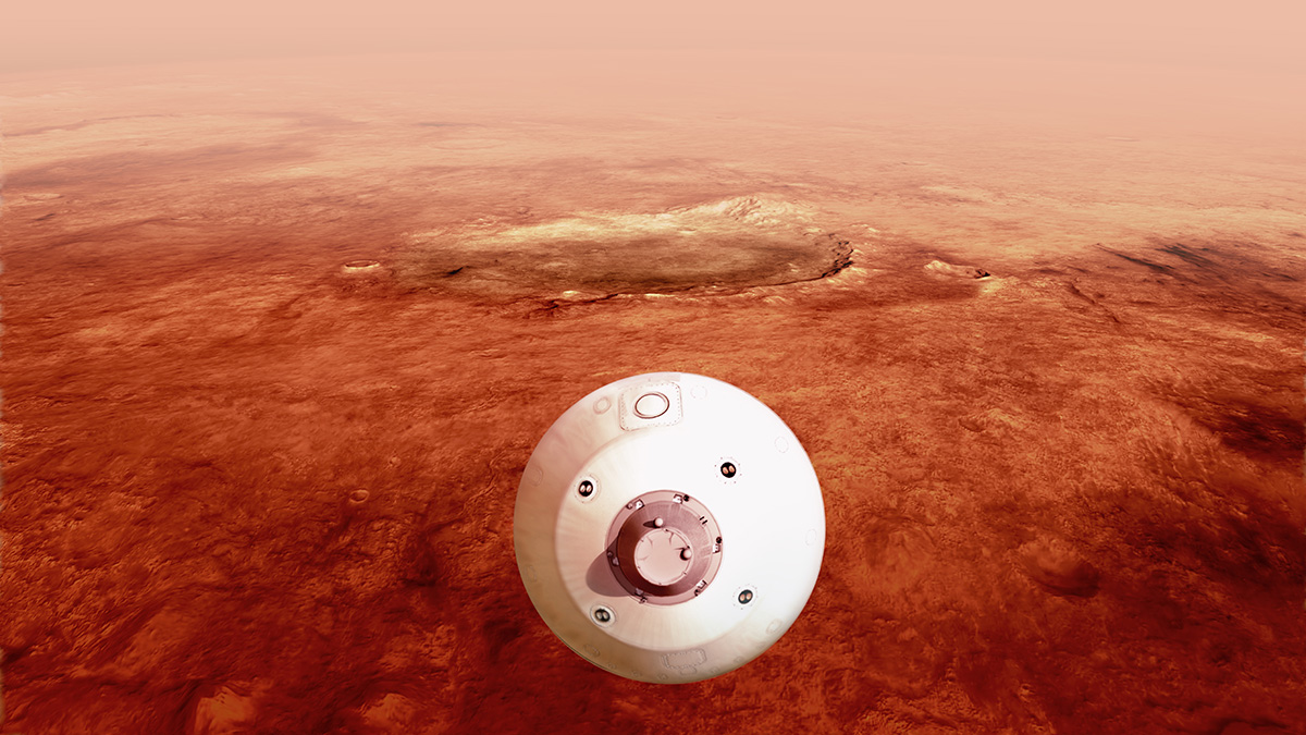 In this illustration, the aeroshell containing NASA’s Perseverance rover guides itself towards the Martian surface