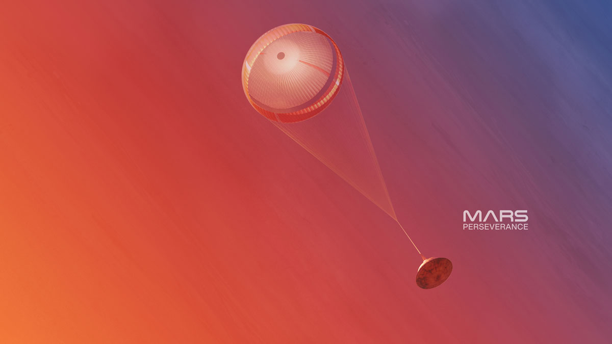 Mars 2020 spacecraft lowered with parachute and gradient background