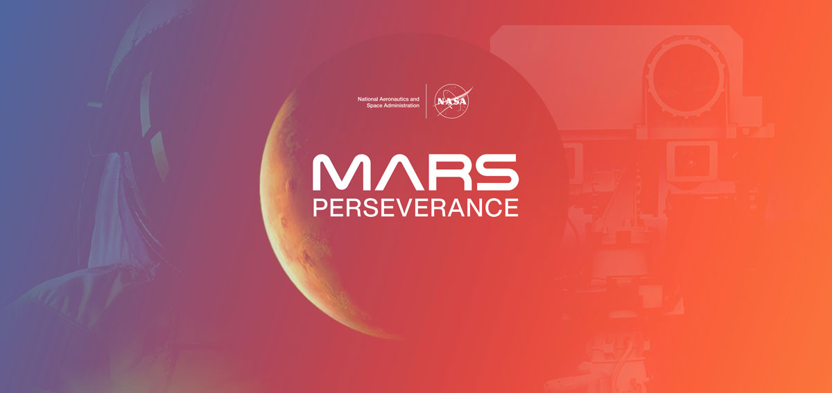Graphic of Mars with an astronaut and rover behind with gradient background