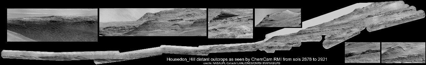 This mosaic shows various scenes captured from a location called "Housedon Hill" by the ChemCam instrument aboard NASA's Curiosity Mars rover between September 9 and October 23, 2020 (Sols 2878 and 2921).