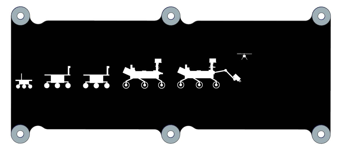 A black, rectangular drawing with profiles of five white rovers in a row and a small helicopter hovering
