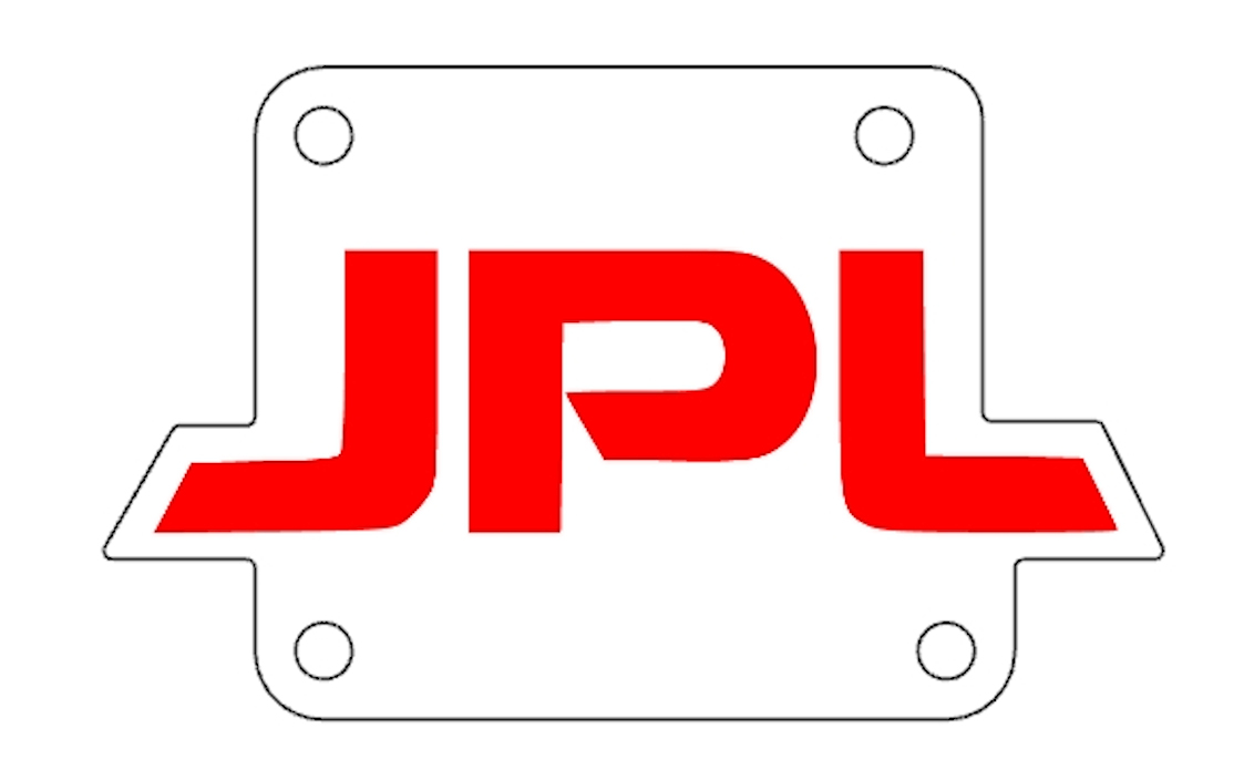 An illustration of an aluminum plate with the initials of JPL in red letters