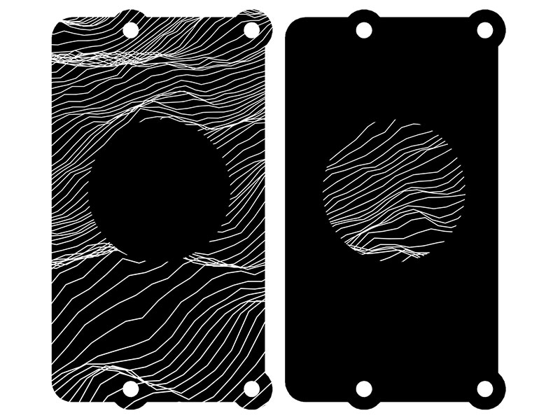 Two rectangular black images.  One has a relief map pattern with a circle removed and one has the removed circle with the same relief pattern.