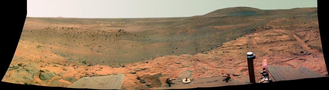 NASA's Mars Exploration Rover Spirit captured this westward view from atop a low plateau where Sprit spent the closing months of 2007.