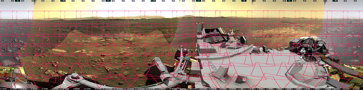 This image shows the 142 images that make up Mastcam-Z’s first 360-degree panorama. Mastcam-Z is a pair of zoomable cameras on the mast, or “head,” of NASA’s Perseverance Mars rover.