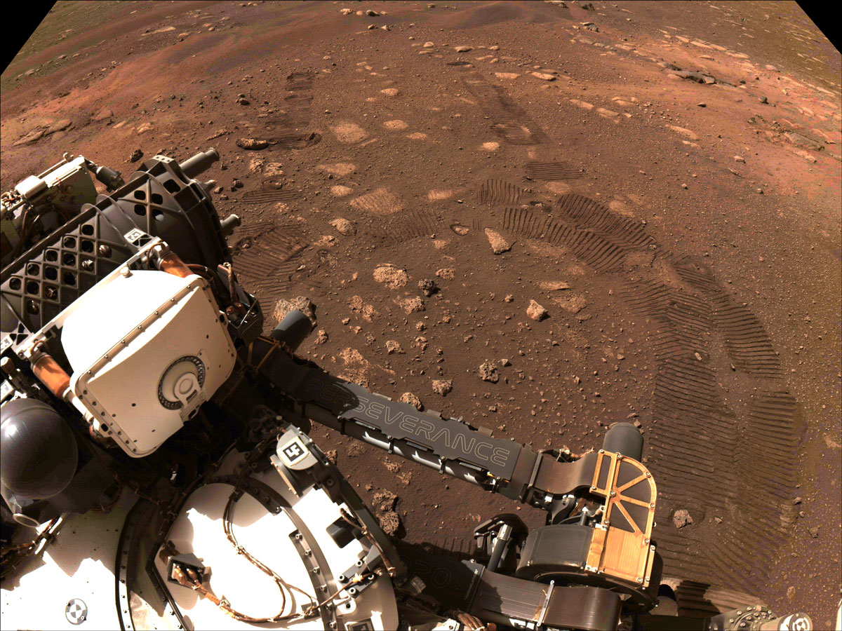 This image was taken during the first drive of NASA’s Perseverance rover on Mars on March 4, 2021. Perseverance landed on Feb. 18, 2021, and the team has been spending the weeks since landing checking out the rover to prepare for surface operations. This image was taken by the rover’s Navigation Cameras.