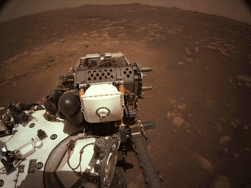 This set of images shows parts of the robotic arm on NASA’s Perseverance rover flexing and turning during its first checkout after landing on Mars. These images were taken by Perseverance’s Navigation Cameras on March 3, 2021.