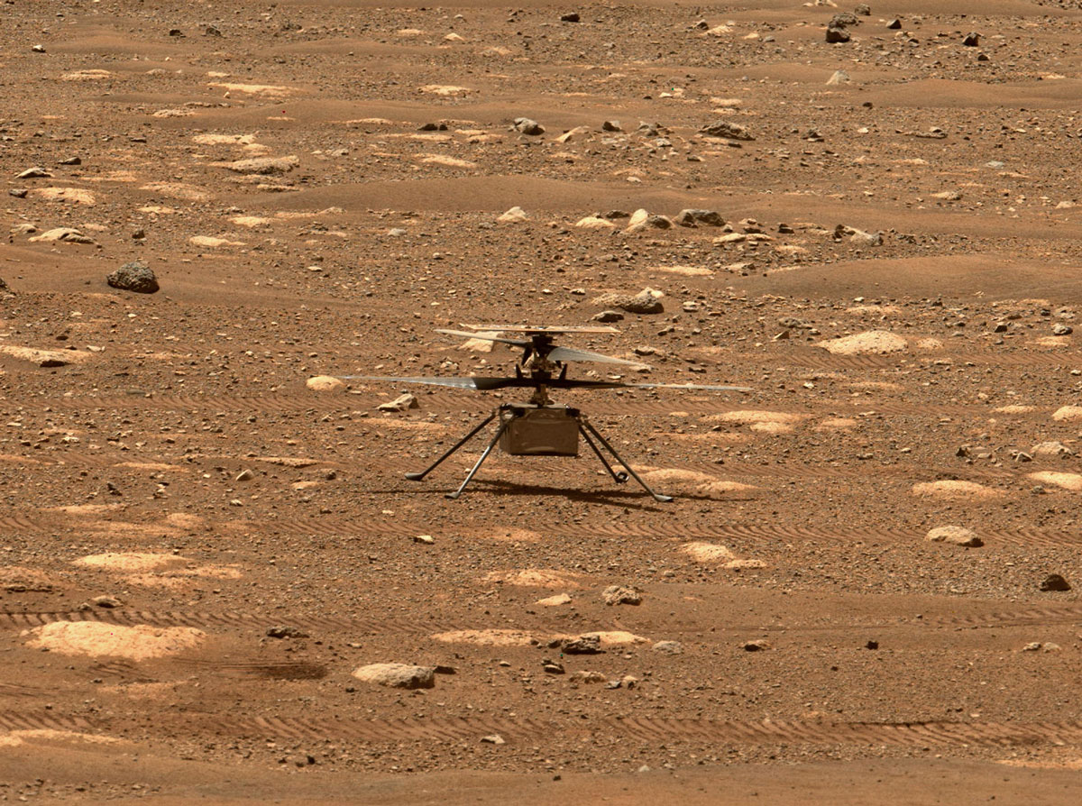NASA’s Ingenuity helicopter unlocked its blades, allowing them to spin freely, on April 7, 2021, the 47th Martian day, or sol, of the mission. This image was captured by the Mastcam-Z imager aboard NASA’s Perseverance Mars rover on the following sol, April 8, 2021.