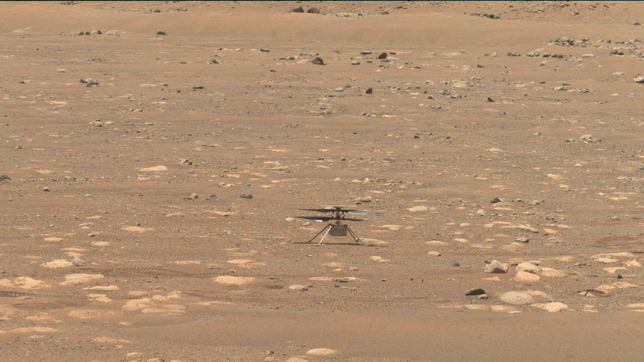 NASA’s Ingenuity helicopter does a slow spin test of its blades, on April 8, 2021, the 48th Martian day, or sol, of the mission. This image was captured by the Navigation Cameras on NASA’s Perseverance Mars rover.