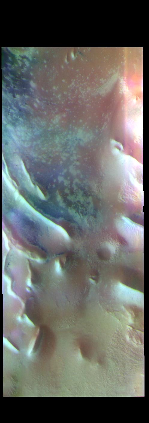 This image from NASAs Mars Odyssey shows part of Angustus Labyrinthus, a unique region near the south polar cap.