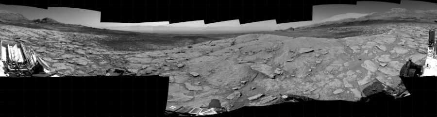 NASA's Mars rover Curiosity took 22 images in Gale Crater using its mast-mounted Right Navigation Camera (Navcam) to create this mosaic. The seam-corrected mosaic provides a 360-degree cylindrical projection panorama of the Martian surface centered at 0 degrees azimuth (measured clockwise from north). Curiosity took the images on April 12, 2021, Sol 3086 of the Mars Science Laboratory mission at drive 2536, site number 87. The local mean solar time for the image exposures was from 1 PM to 2 PM. Each Navcam image has a 45 degree field of view. CREDIT: NASA/JPL-Caltech