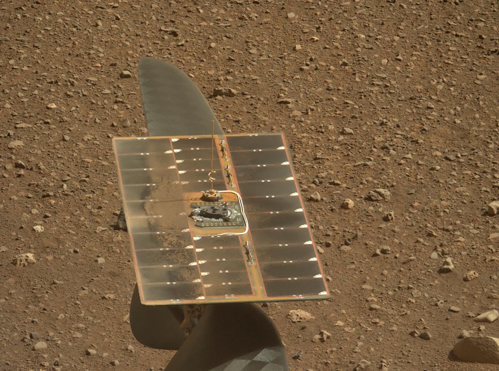 The solar panel of NASA's Ingenuity Mars Helicopter's solar panel as seen by Mastcam-Z, a pair of zoomable cameras aboard NASA's Perseverance Mars rover.