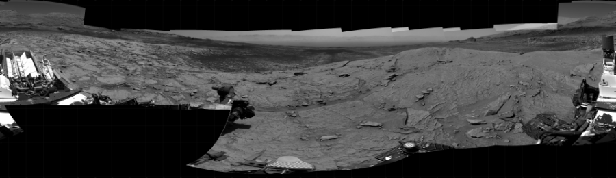 NASA's Mars rover Curiosity took 46 images in Gale Crater using its mast-mounted Right Navigation Camera (Navcam) to create this mosaic. The seam-corrected mosaic provides a 360-degree cylindrical projection panorama of the Martian surface centered at 325 degrees azimuth (measured clockwise from north). Curiosity took the images on April 30, 2021, Sols 3104-3088 of the Mars Science Laboratory mission at drive 2578, site number 87. The local mean solar time for the image exposures was from 4 PM to 12 PM. Each Navcam image has a 45 degree field of view. CREDIT: NASA/JPL-Caltech