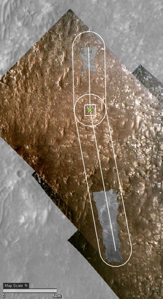 NASA’s Ingenuity Mars Helicopter’s fourth flight path is superimposed here atop terrain imaged by the HiRISE camera aboard the agency’s Mars Reconnaissance Orbiter.