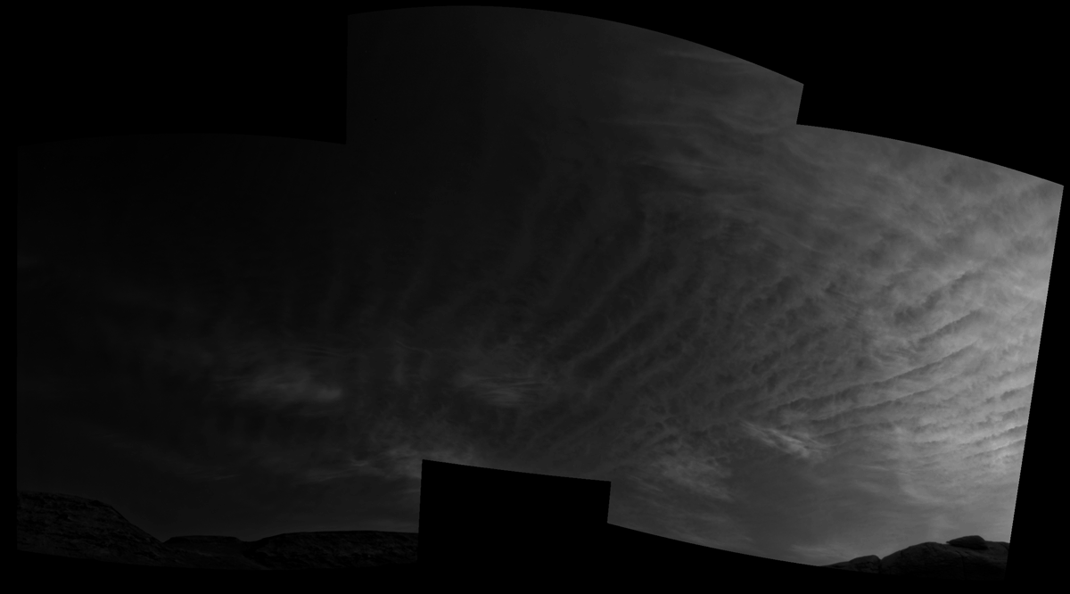 Using the navigation cameras on its mast, NASA’s Curiosity Mars rover took these images of clouds just after sunset on March 31, 2021, the 3,075th sol, or Martian day, of the mission.