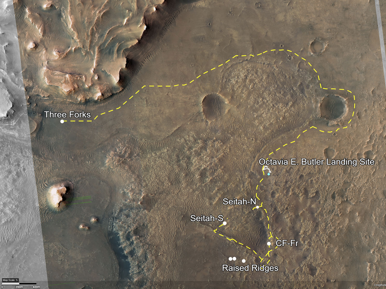 This annotated image of Jezero Crater depicts the routes for Perseverance’s first science campaign (yellow hash marks) as well as its second (light-yellow hash marks).