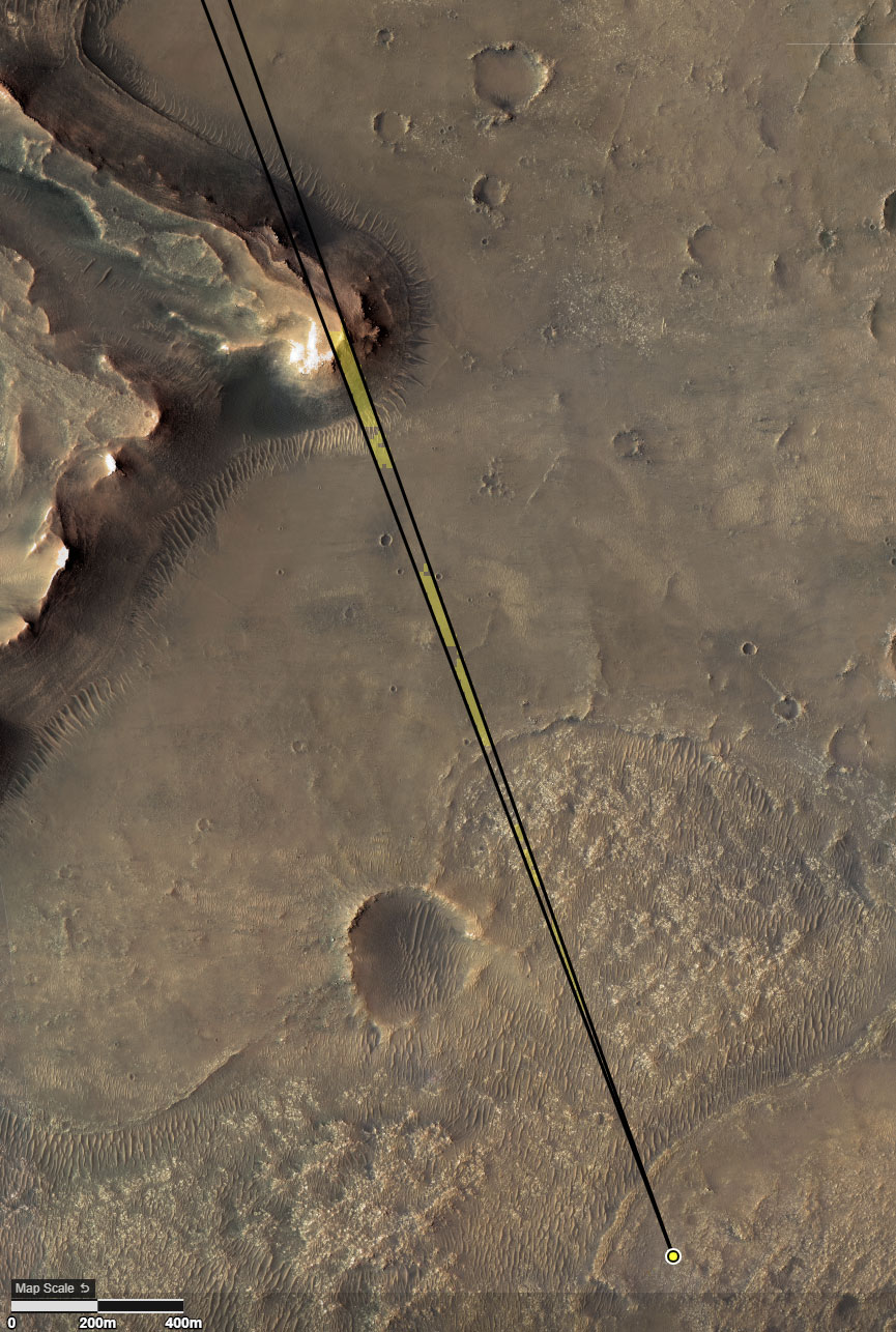 This annotated image of Mars’ Jezero Crater depicts the location of NASA’s Perseverance rover (yellow dot) and the field of view of its Remote Microscopic Imager (RMI) camera when it took a series of images of the “Delta Scarp” on March 17, 2021.