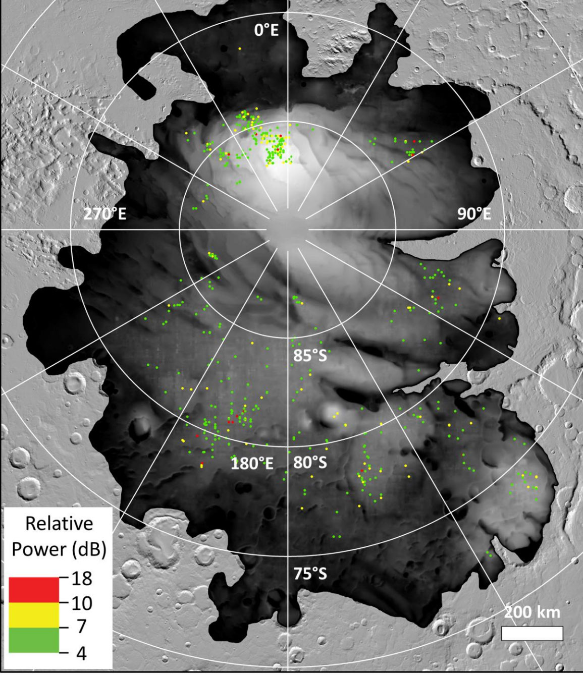 A map for which the colored dots represent sites where bright radar reflections have been spotted by ESA’s Mars Express orbiter at Mars’ south polar cap.