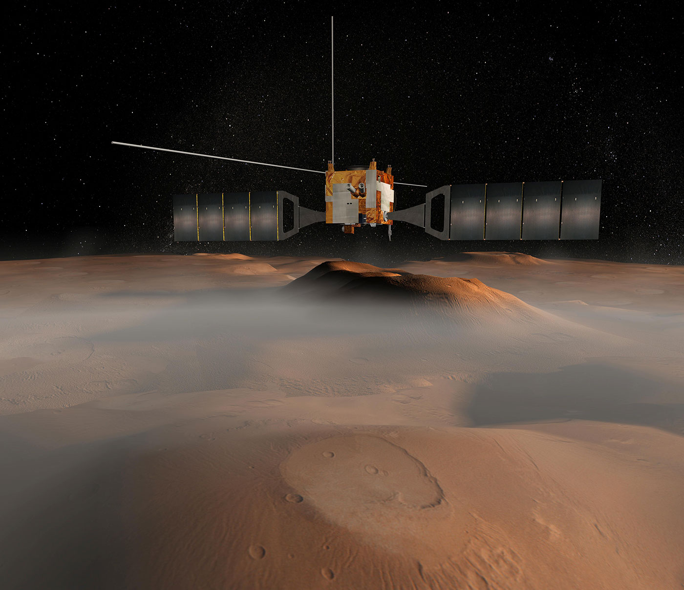 ESA’s (the European Space Agency’s) Mars Express flies over the Red Planet in this illustration.