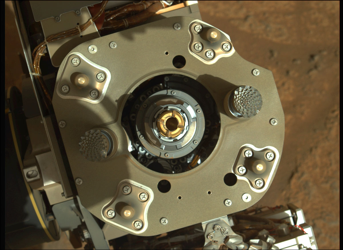 This enhanced-color image from the Mastcam-Z instrument aboard NASA’s Perseverance rover shows sample tube inside the coring bit after the Aug. 6 coring activity was completed.