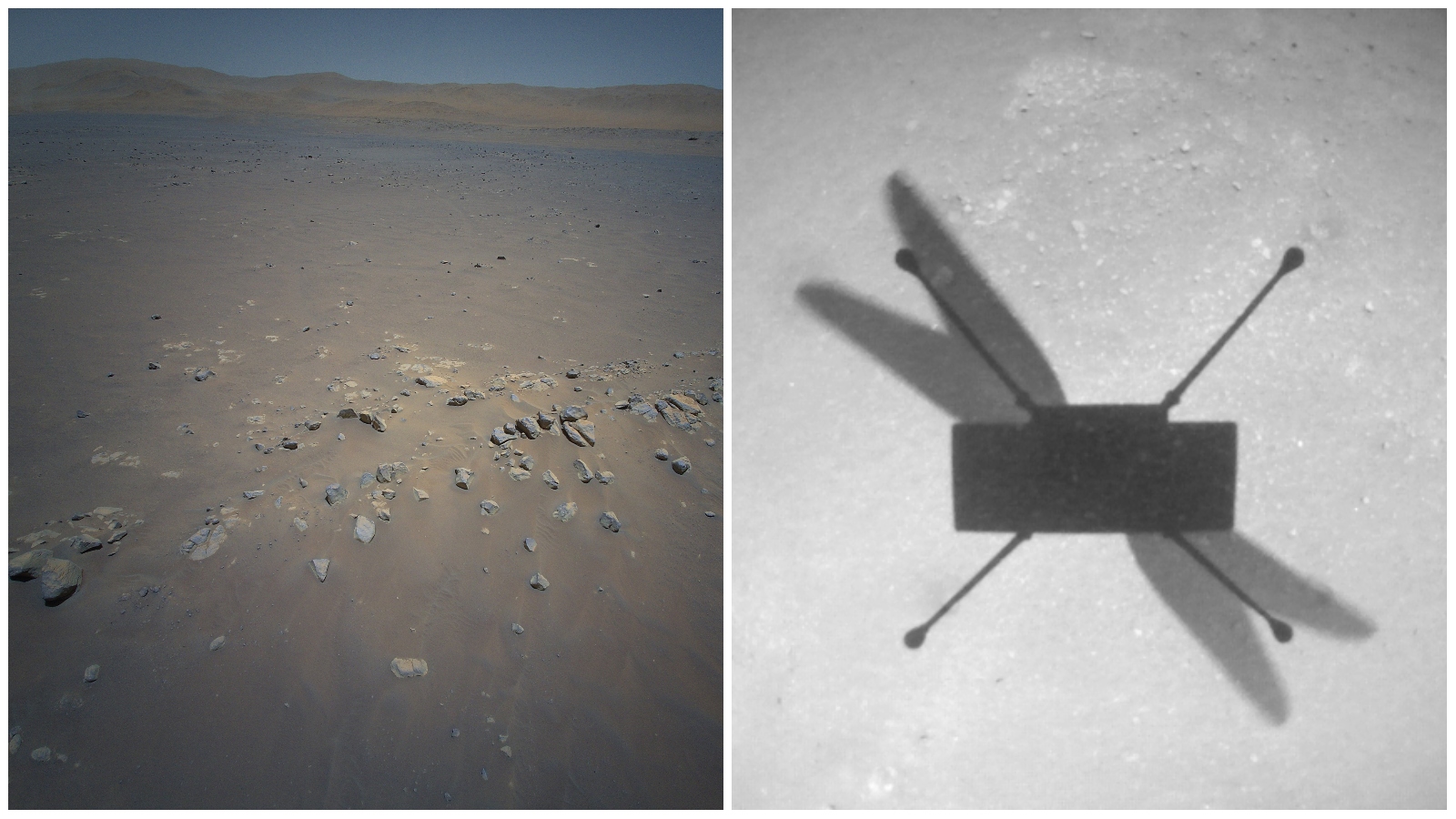 Ingenuity’s Mars Helicopter took the image on the left with its navigation camera and the image on the right with its color camera during its 10th Flight, on July 24, 2021.