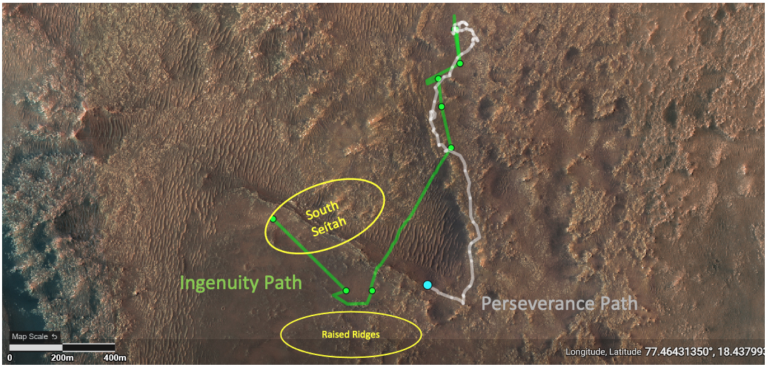 This annotated image depicts the ground tracks of NASA's Perseverance rover (white) and Ingenuity Mars Helicopter (green) since arriving on Mars on Feb. 18, 2021.