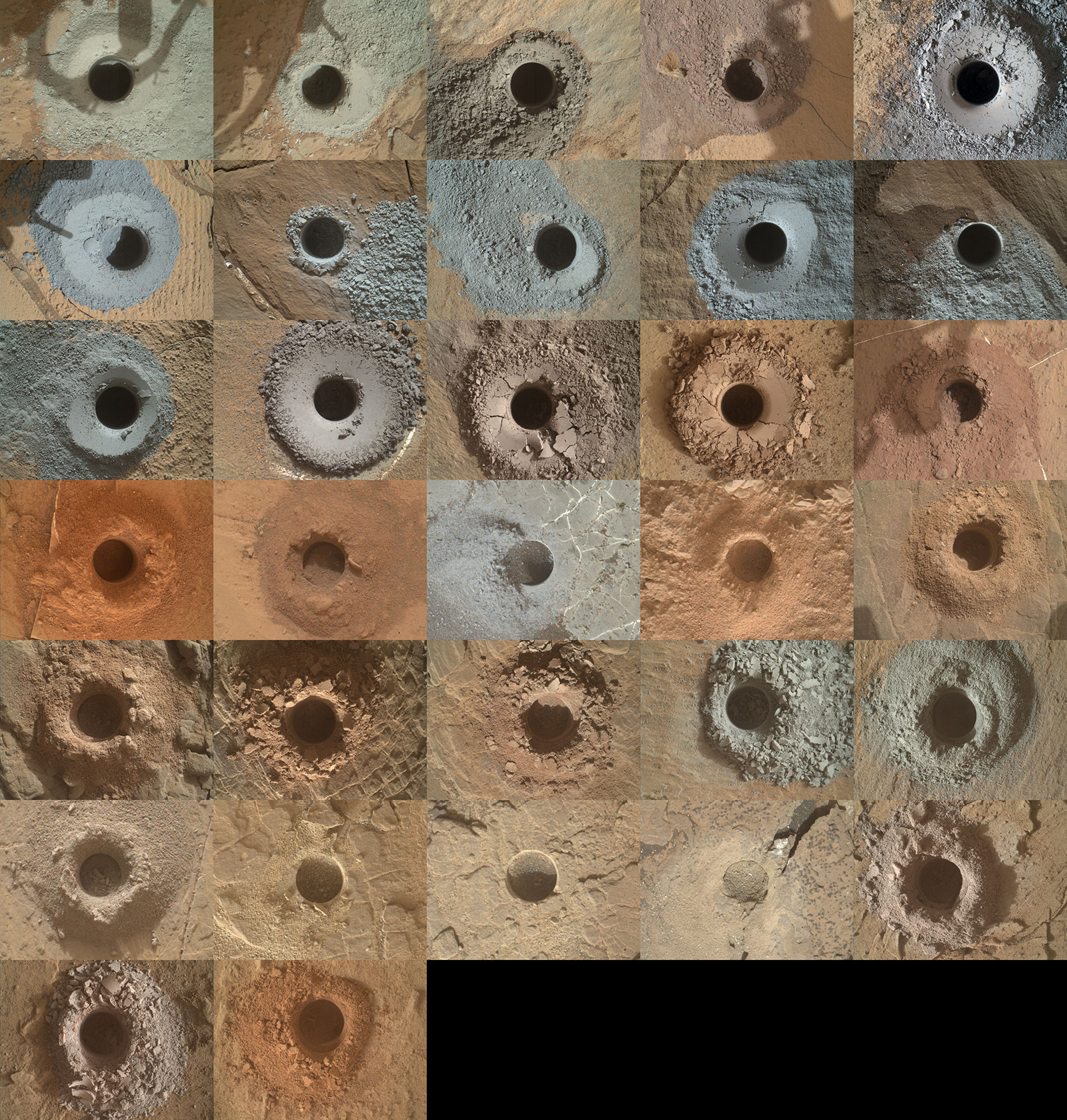 NASA’s Curiosity Mars rover has used the drill on its robotic arm to take 32 rock samples to date. The Mars Hand Lens Imager (MAHLI), a camera on the end of the robotic arm, provided the images in this mosaic.