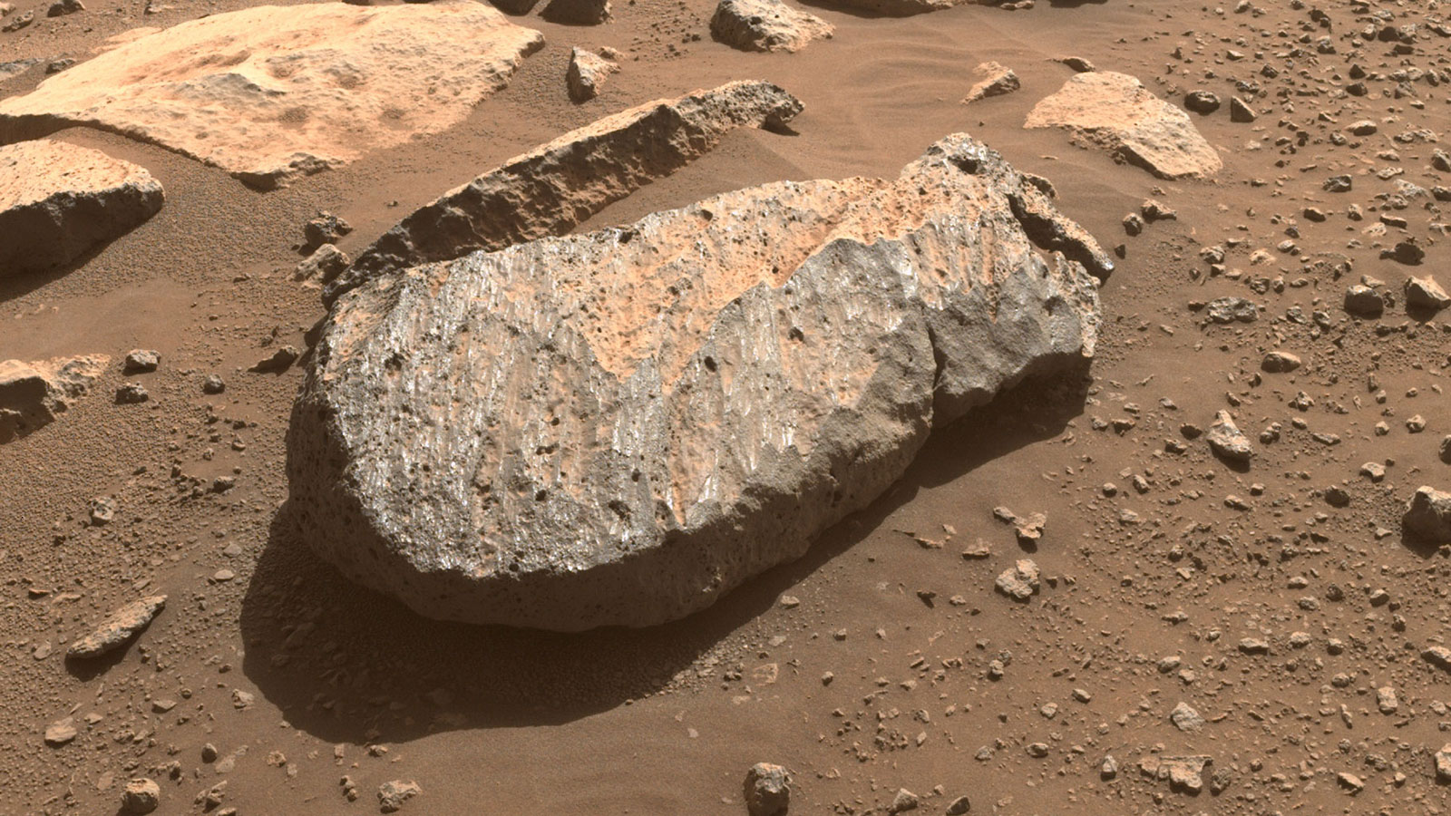 A close-up of the rock, nicknamed “Rochette,” that the Perseverance science team will examine in order to determine whether to take a rock core sample from it.