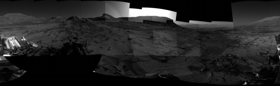 NASA's Mars rover Curiosity took 28 images in Gale Crater using its mast-mounted Right Navigation Camera (Navcam) to create this mosaic. The seam-corrected mosaic provides a 360-degree cylindrical projection panorama of the Martian surface centered at 293 degrees azimuth (measured clockwise from north). Curiosity took the images on August 27, 2021, Sol 3219 of the Mars Science Laboratory mission at drive 258, site number 91. The local mean solar time for the image exposures was from 3 PM to 4 PM. Each Navcam image has a 45 degree field of view. CREDIT: NASA/JPL-Caltech
