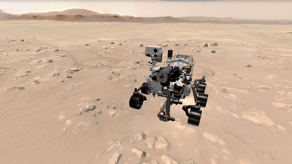 Mars Perseverance rover shown at its landing site in Jezero Crater in this view from the “Explore with Perseverance” 3D web experience.