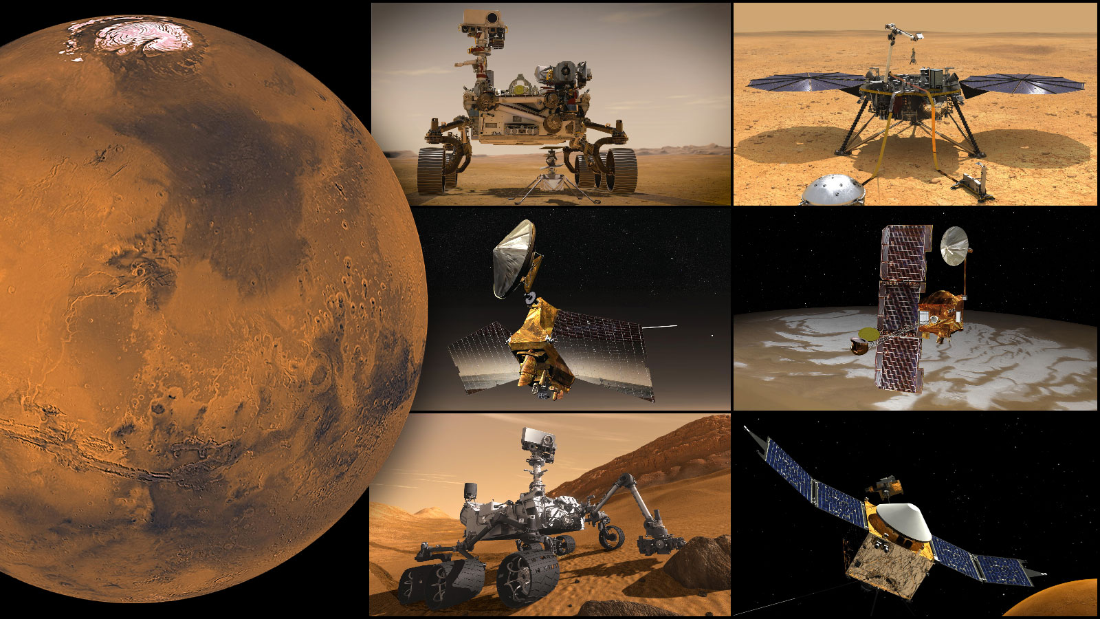 NASA’s Mars missions, clockwise from top left: Perseverance rover and Ingenuity Mars Helicopter, InSight lander, Odyssey orbiter, MAVEN orbiter, Curiosity rover, and Mars Reconnaissance Orbiter.
