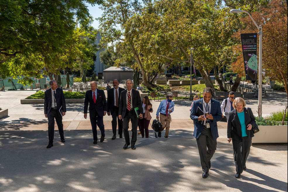 On Oct. 14, 2021, NASA Administrator (second from left) and Deputy Administrator Pam Melroy (far right) visited the agency's Jet Propulsion Laboratory to discuss NASA's climate efforts and the latest developments with the agency's Perseverance rover and Mars. With them are (from far left) Thomas Rosenbaum, president of Caltech, which manages the Jet Propulsion Laboratory for NASA; JPL Interim Director Larry James; JPL CFO Sammy Kayali; and NASA Office of JPL Management and Oversight Marcus Watkins.
