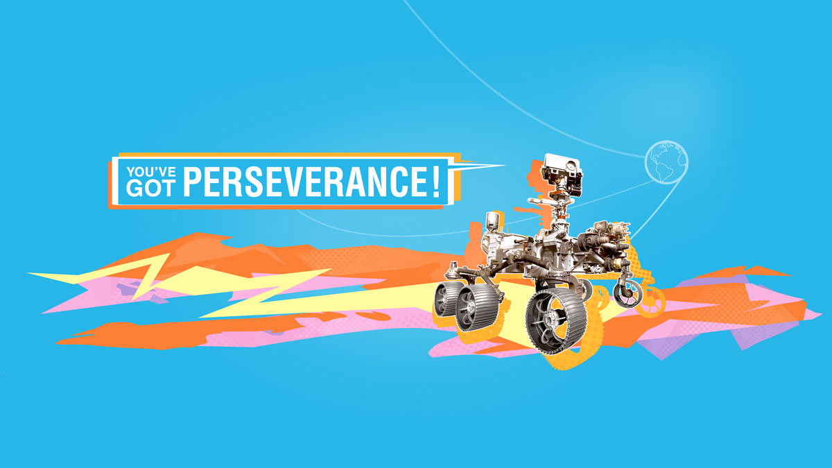 This colorful illustration depicts NASA’s Perseverance Rover on Mars, where it landed in February 2021.